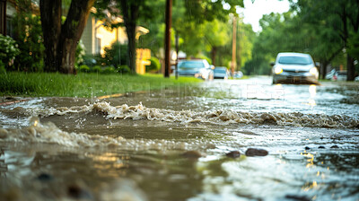 Buy stock photo Street, water and floods from storm or rain in winter weather with damage and car in Texas. Climate change, environment and hurricane with natural disaster, emergency and crisis for community