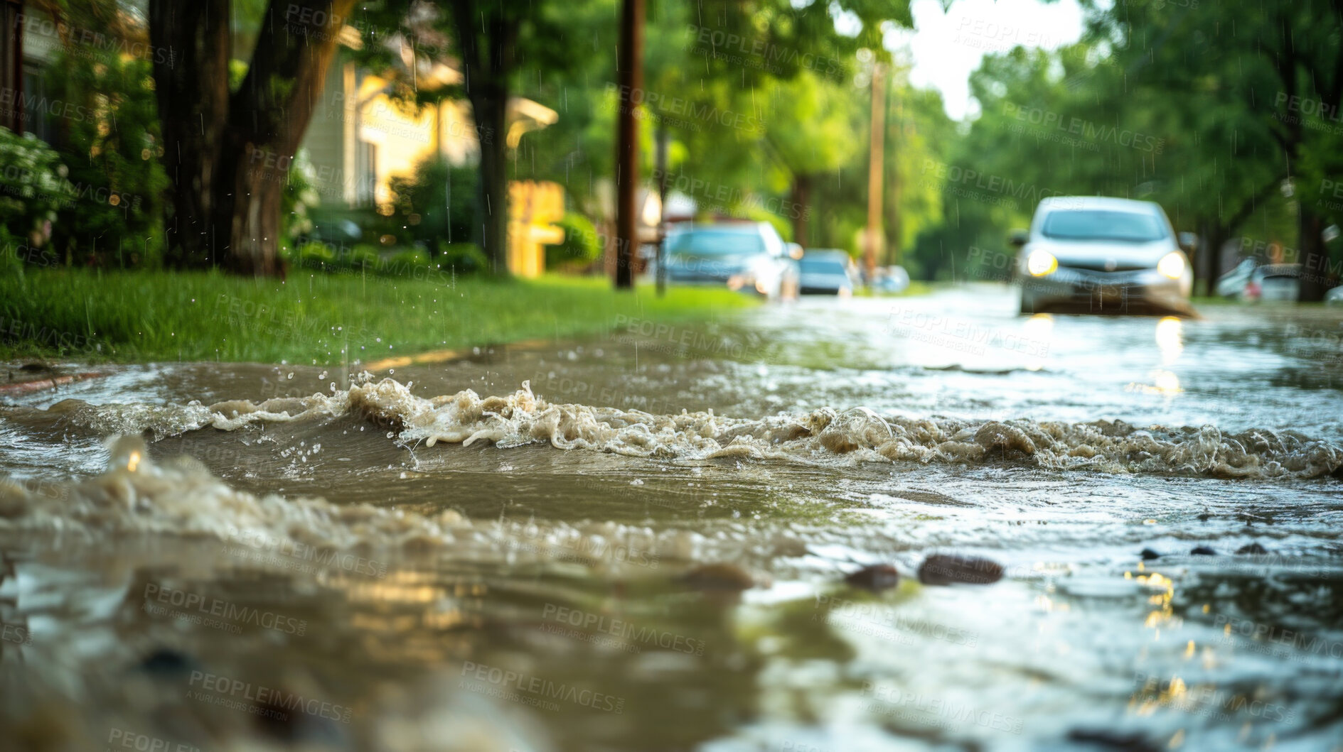 Buy stock photo Street, water and floods from storm or rain in winter weather with damage and car in Texas. Climate change, environment and hurricane with natural disaster, emergency and crisis for community