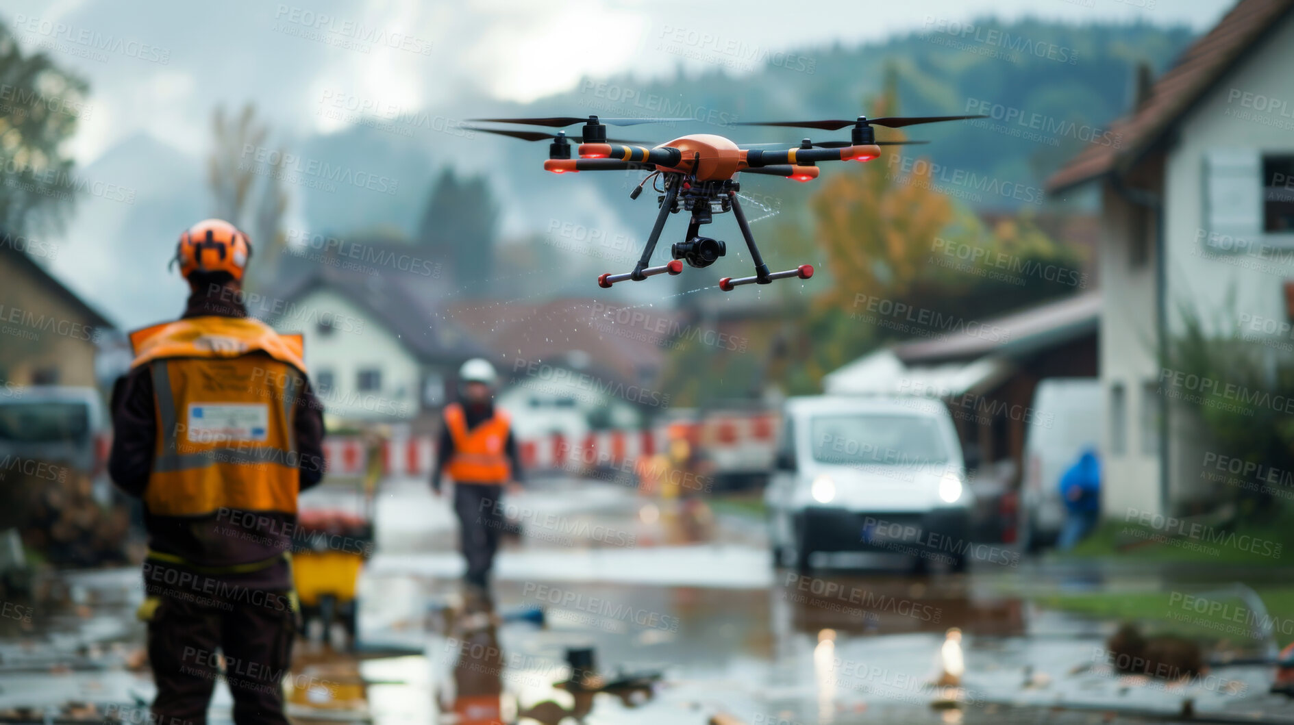 Buy stock photo Hurricane, flood and people in city with search drone, rescue or evacuation safety for disaster management. Road, water and emergency team with tornado damage evaluation, solution or relief in street