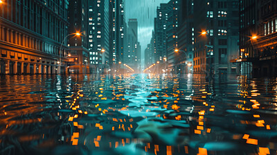 Dark, city and water with flood for climate change, natural disaster and crisis in environment. Night, rain and buildings with danger in storm for weather damage, hurricane and global warming