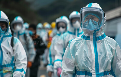 Buy stock photo People, safety suit and protection for natural disaster with helping aid, volunteering and evacuation group. Nonprofit, rescue team and earthquake assistance for emergency, community ngo and hazard