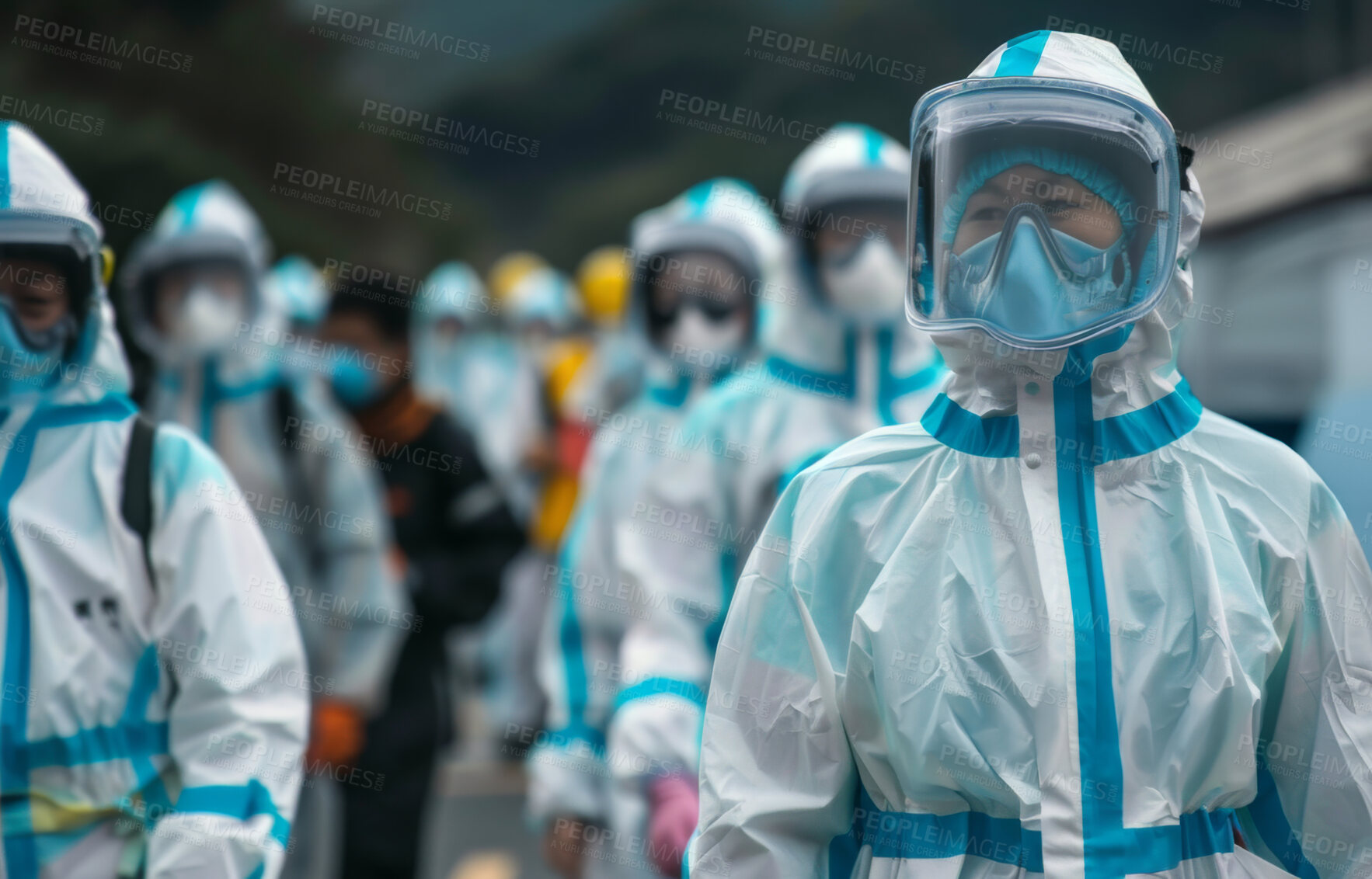 Buy stock photo People, safety suit and protection for natural disaster with helping aid, volunteering and evacuation group. Nonprofit, rescue team and earthquake assistance for emergency, community ngo and hazard