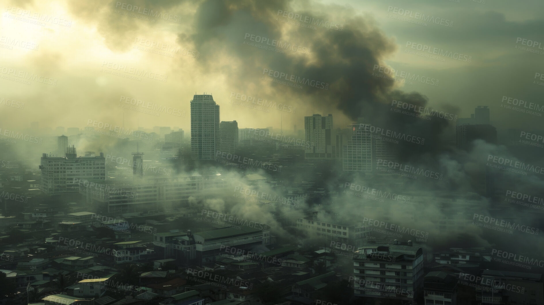 Buy stock photo Pollution, war and smoke in city for conflict, power or politics by weapon, bomb and explosion on buildings. Warzone, nuclear and danger in Middle East after air strike by military on Palestine