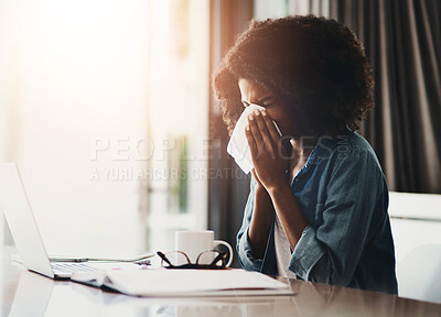 Buy stock photo Woman, laptop and allergy in house with tissue for Covid, remote work for creative job or email marketing. Female person, bacteria and computer for social media with cloth in home, sick or flu virus