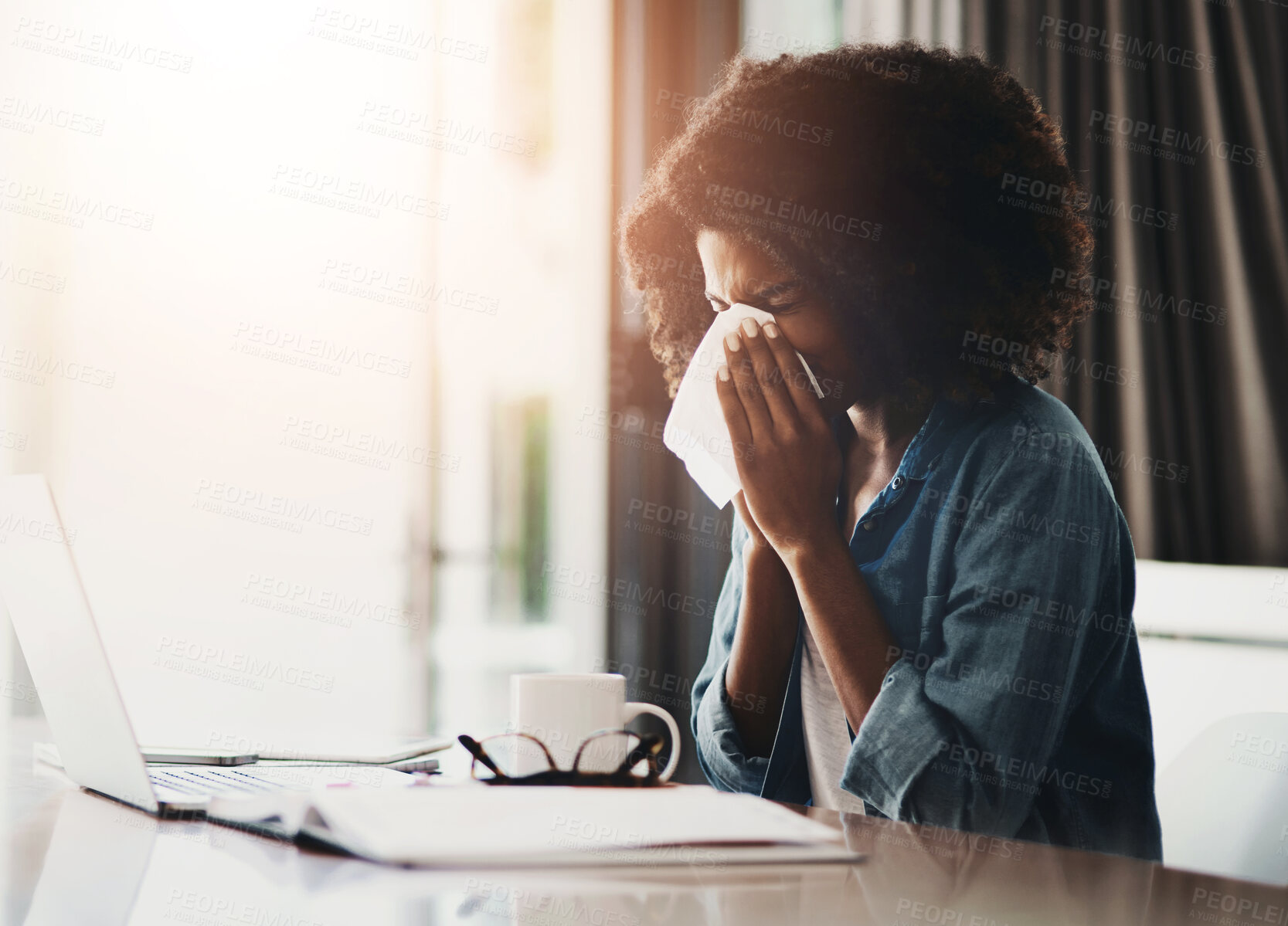 Buy stock photo Woman, laptop and allergy in house with tissue for Covid, remote work for creative job or email marketing. Female person, bacteria and computer for social media with cloth in home, sick or flu virus