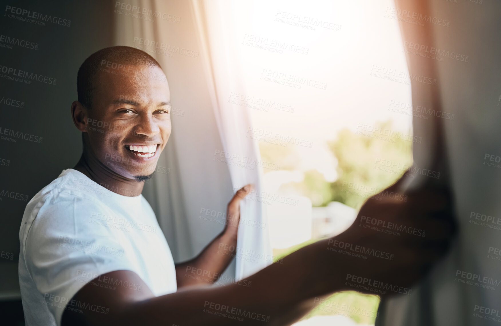 Buy stock photo Morning, curtains and black man with smile, window and wake up in sunrise, vacation and happy in hotel. Business, trip and hospitality for accommodation in Nigeria, summer or ready for meeting