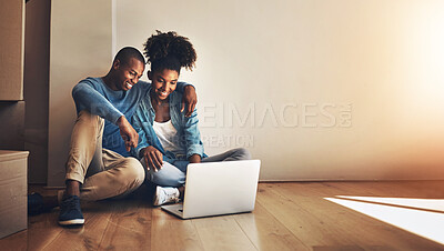 Buy stock photo New home, couple and laptop on floor for online banking, property investment and ecommerce. Happy man, woman and technology on internet for furniture shopping, finance plan or budget in living room