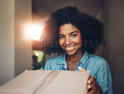 Buy stock photo African woman, front door and box for delivery, e commerce or service in portrait with smile at house. Girl, package and happy for supply chain, customer experience and cargo for mail at apartment