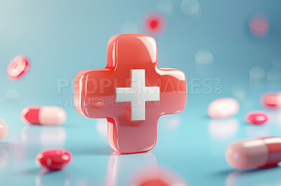 Healthcare, badge and shape in abstract with plus sign for health insurance, service and medicine. Hospital, support and pills with design for pharmacy medication, medical aid and graphic of symbol