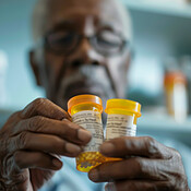 Black Man, Old And Hands With Pill Bottles As Prescription Or Anti 