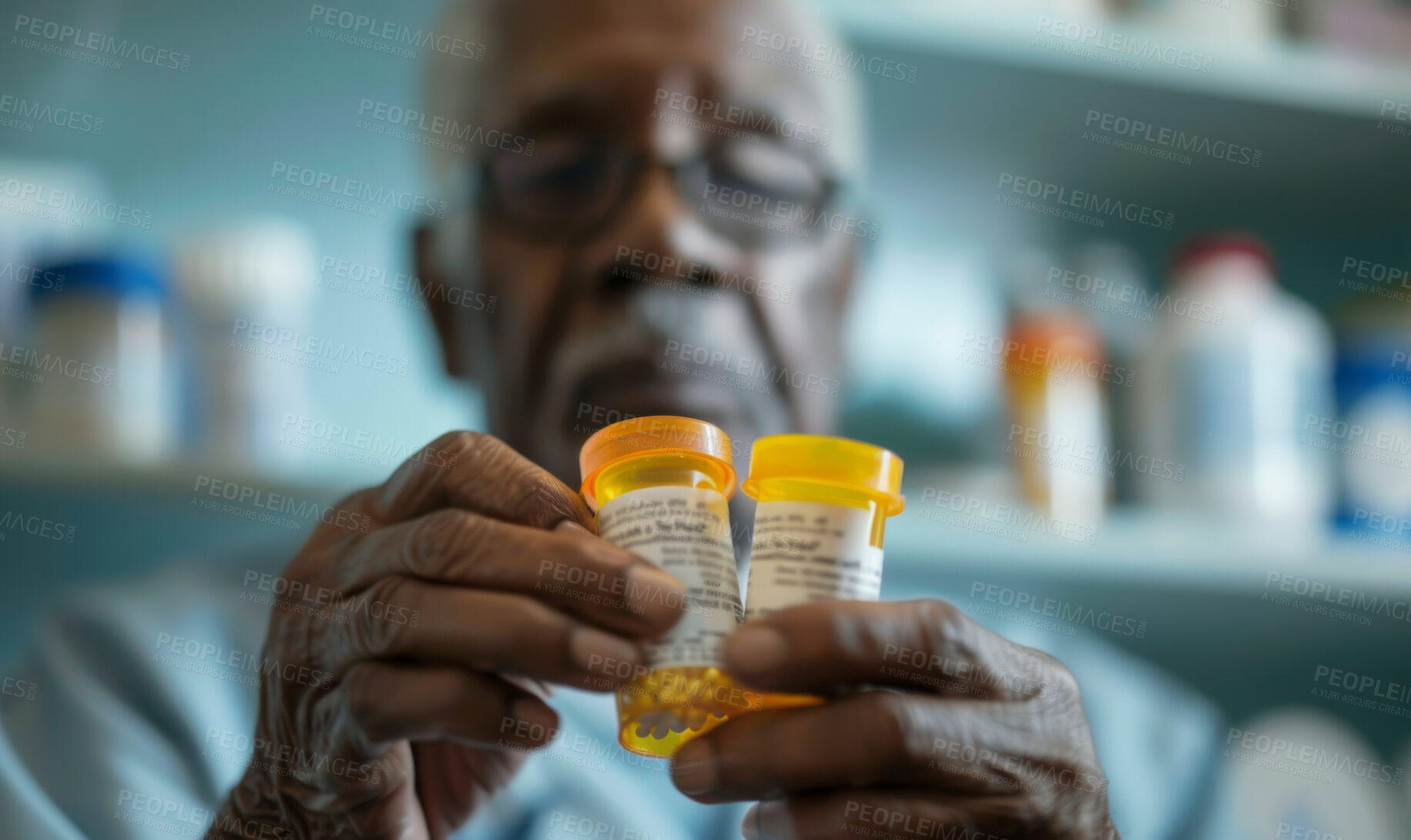 Buy stock photo Black man, old and hands with pill bottles as prescription or anti aging cure or life extension, pharmaceuticals or supplement. Elderly person, fingers and biomedical gerontology, medication or trail