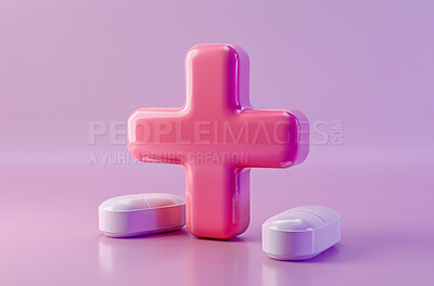 Healthcare, symbol and pills in abstract with plus sign for health insurance, medicine and support. Safety, hospital and emoji with design for medical aid, help and graphic of pharmacy medication