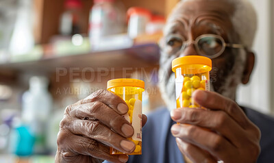 Hands, senior man and pills in bottle for health, drugs and vitamins for healthcare in nursing home. Black male person, healing and tablets for illness, dose and remedy for flu or cold and virus