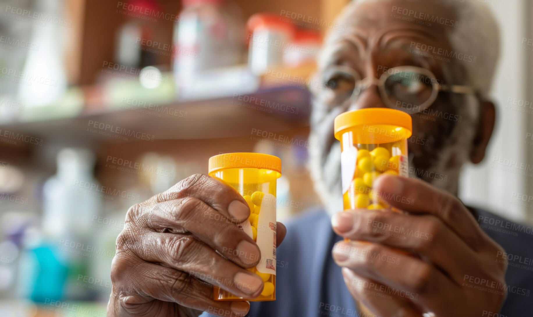 Buy stock photo Hands, senior man and pills in bottle for health, drugs and vitamins for healthcare in nursing home. Black male person, healing and tablets for illness, dose and remedy for flu or cold and virus