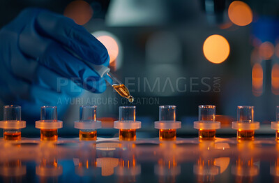 Hands, medical and experiment with pipette in lab or biotechnology science, anti aging or life extension. Person, tube and chemistry or futuristic innovation or pharmaceutical trial, drugs or biology