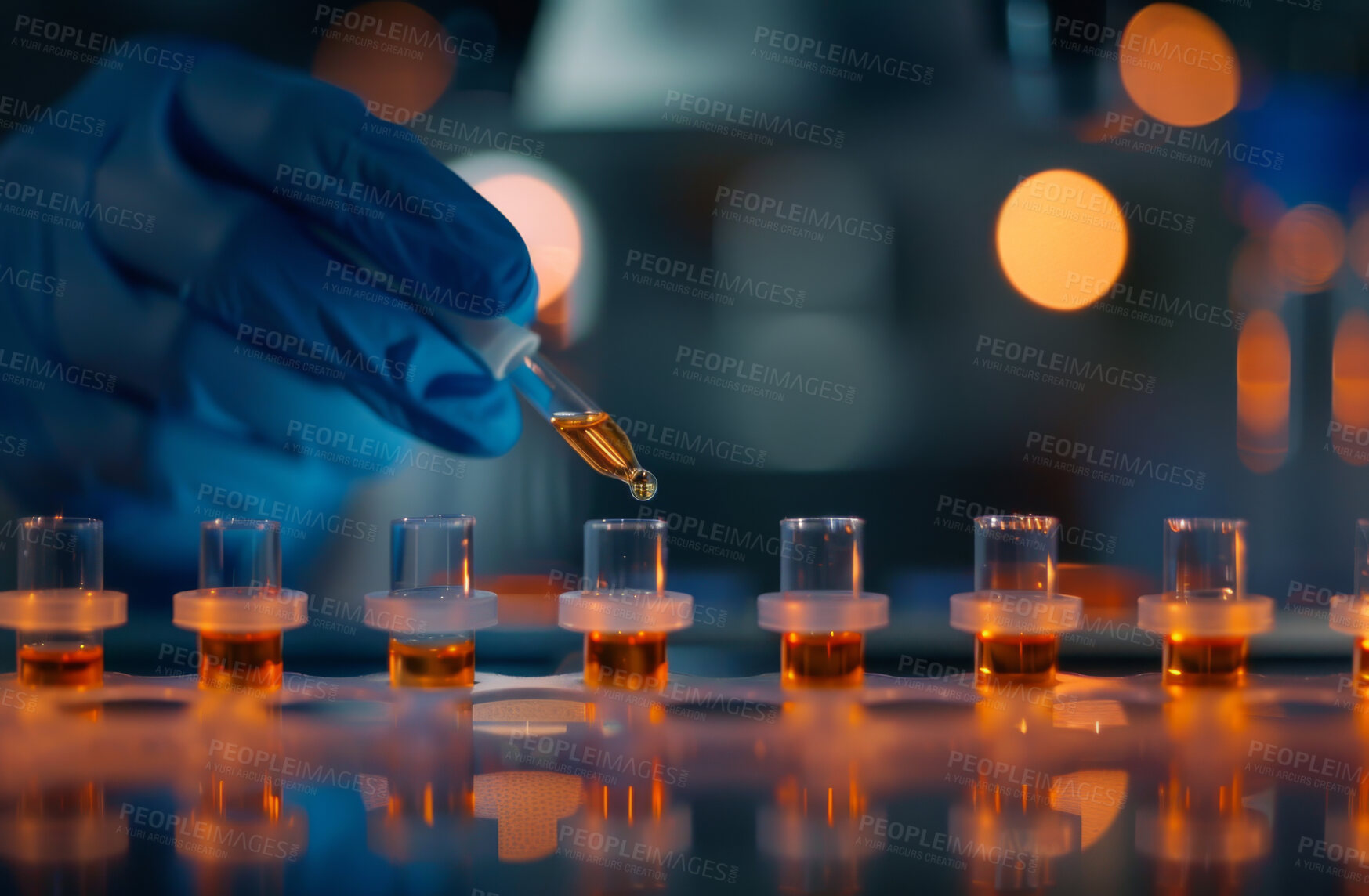 Buy stock photo Hands, medical and experiment with pipette in lab or biotechnology science, anti aging or life extension. Person, tube and chemistry or futuristic innovation or pharmaceutical trial, drugs or biology