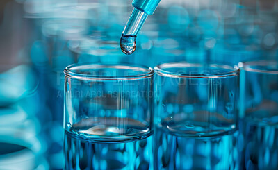 Buy stock photo Closeup, dropper and test tube with drug, development and laboratory research for medicine or healthcare. Glass, science and discovery for life extension, biotechnology and pharmaceutical chemistry