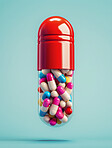 Studio, health and medical tablets in capsule, vitamins or pharmaceutical for healthcare benefits. Addiction, prescription drugs abuse with illness prevention pills, antibiotics or supplements
