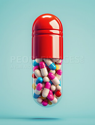 Buy stock photo Studio, health and medical tablets in capsule, vitamins or pharmaceutical for healthcare benefits. Addiction, prescription drugs abuse with illness prevention pills, antibiotics or supplements
