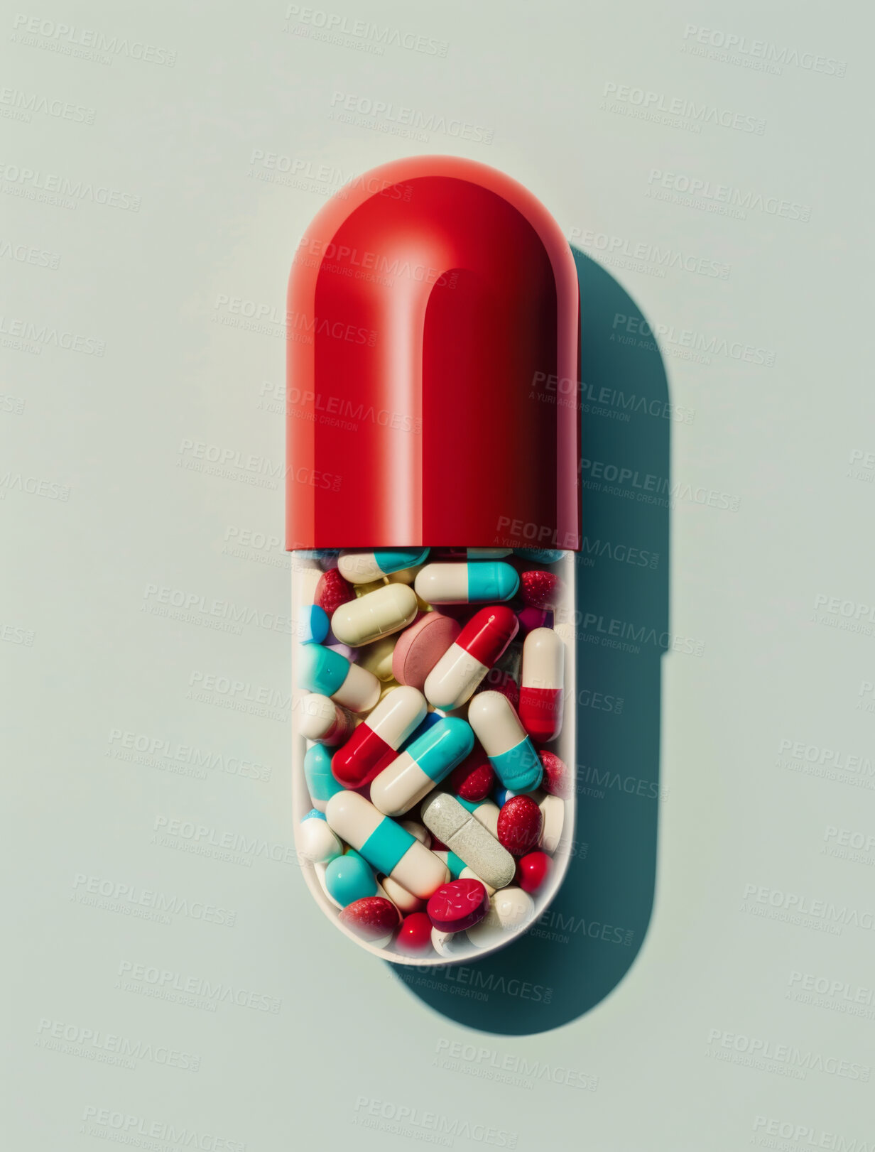 Buy stock photo Health, isolated and studio and tablet capsules, vitamins or pharmaceutical drugs for healthcare benefits. Prescription pills, illness prevention or treatment, combination medication or supplements

