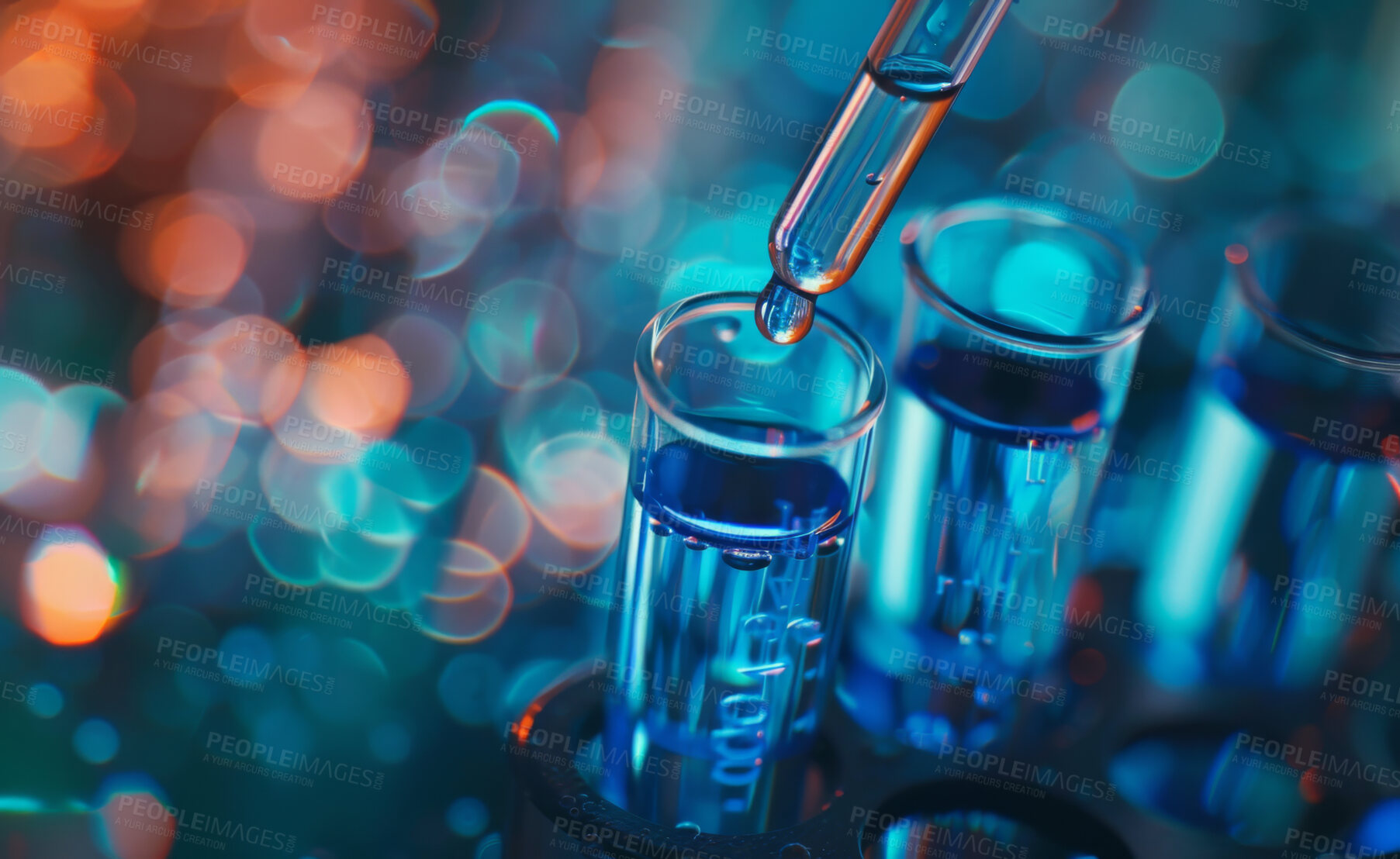 Buy stock photo Glass, dropper and test tube with drugs, development and laboratory research for medicine or healthcare. Study, science and discovery for life extension, biotechnology and pharmaceutical chemistry