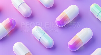 Buy stock photo Pharmaceutical, healthcare and medication with neon pills for supplement, vitamins and healing. Capsules, tablets and support with drugs for mental health, medical help and medicine treatment