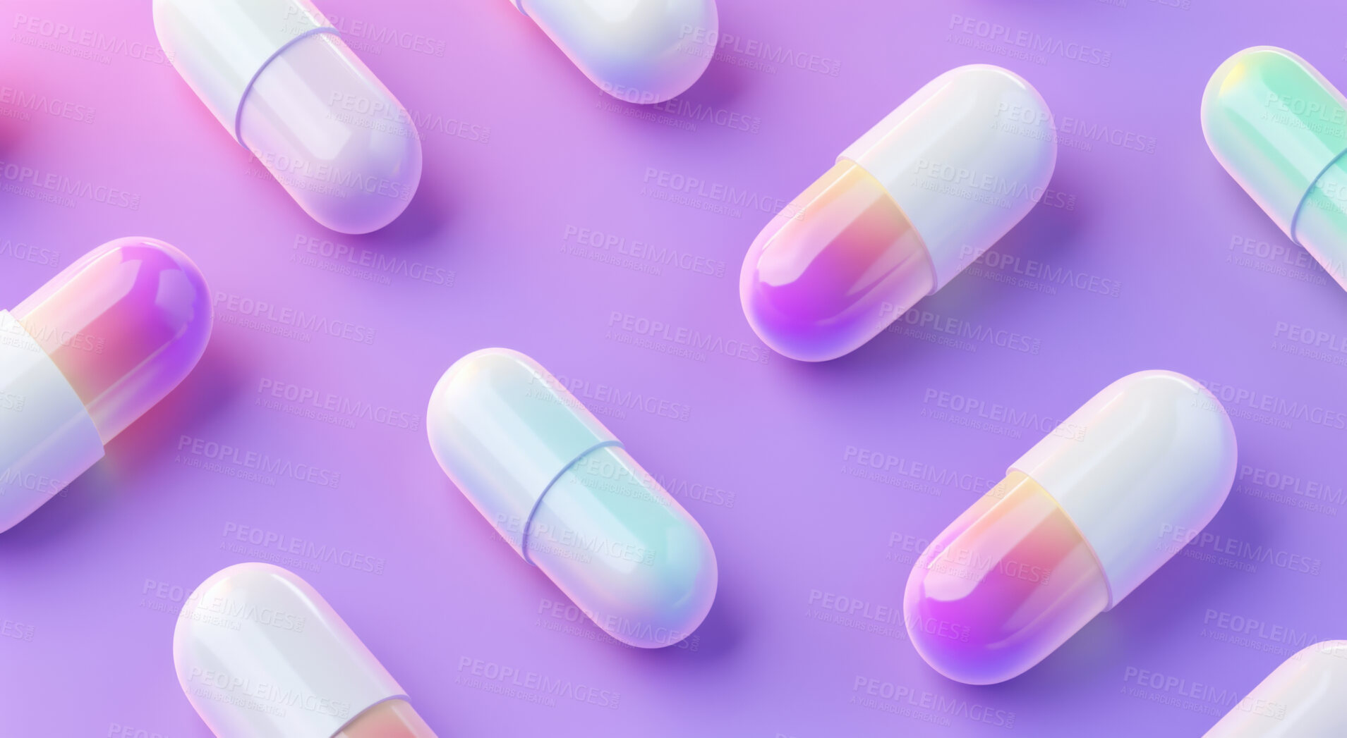 Buy stock photo Pharmaceutical, healthcare and medication with neon pills for supplement, vitamins and healing. Capsules, tablets and support with drugs for mental health, medical help and medicine treatment