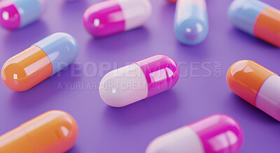 Pills, color and tablets for healthcare, pharmacy and overdose with medicine, prescription antibiotic and disease on purple background. Vitamin, drugs and research for cancer with medical insurance