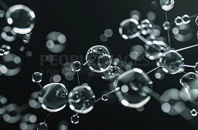 Molecules, microscope cells and bacteria with vaccine, cancer study and pattern texture on dark background. Zoom on disease particles, medical vaccine and medical study innovation with chemistry