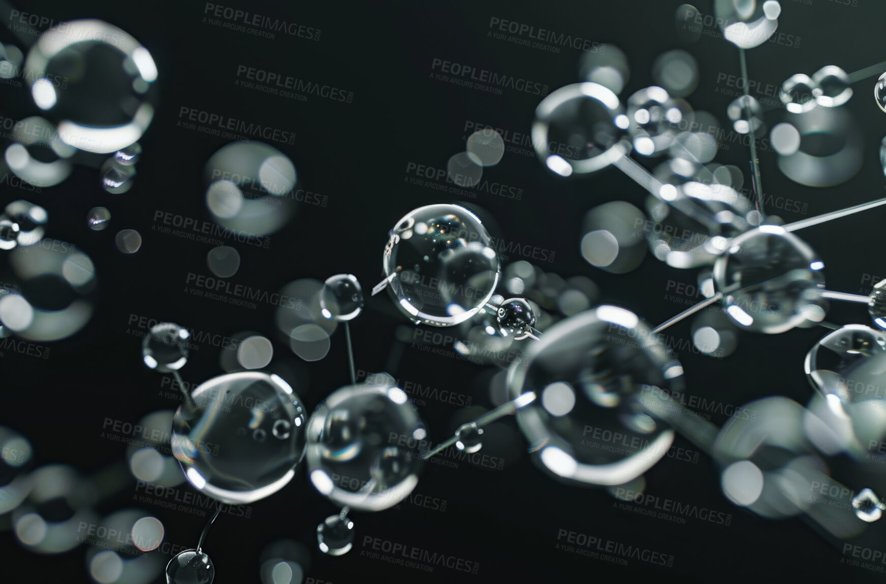 Buy stock photo Molecules, microscope cells and bacteria with vaccine, cancer study and pattern texture on dark background. Zoom on disease particles, medical vaccine and medical study innovation with chemistry