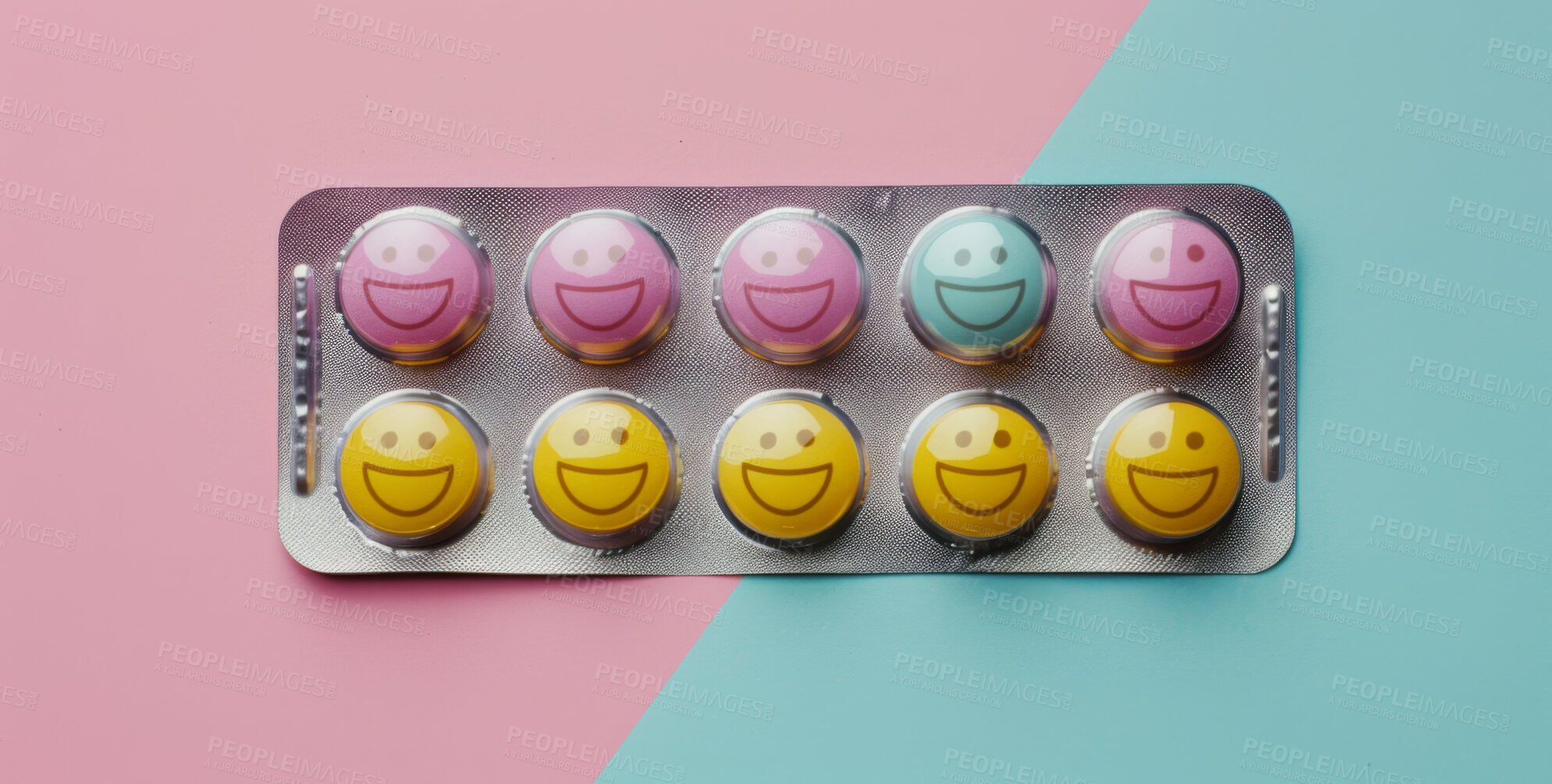 Buy stock photo Happy, face and mental health depression as tablet for mood stabilizers, drugs or split background. Pills, smile and positivity for anxiety disorder with supplement for bipolar, treatment or mockup