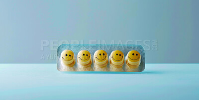 Buy stock photo Happy, face and mental health depression as pill for mood stabilizers, packaging or blue background. Pills, smile and positivity for anxiety disorder with supplement for bipolar, treatment or mockup