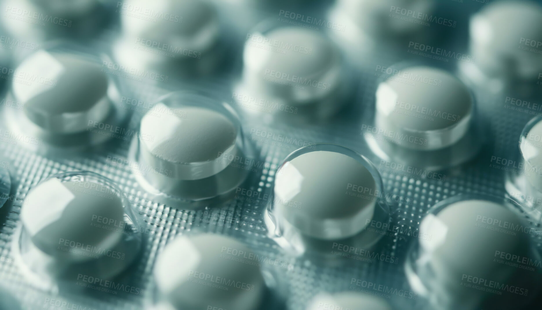 Buy stock photo Healthcare, pills and medicine or supplements in package for mental health, chronic illness or pain. Pharmaceutical drugs, nutrition and wellness with medical help from vitamin,  treatment or capsule