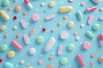 Medicine, colorful and pill capsules in studio for weightloss, recovery or sickness medication. Vitamins, healthcare and medical tablets for life extension drugs, healing or illness on blue surface.