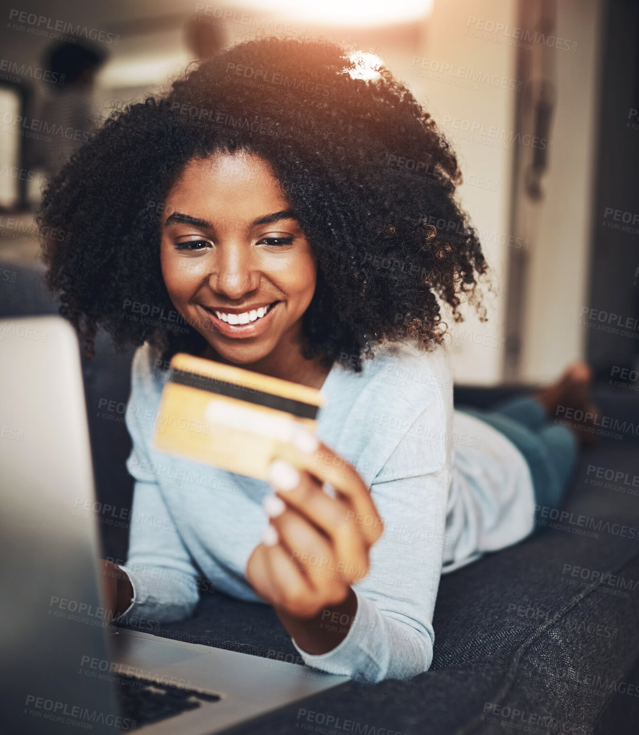 Buy stock photo Laptop, debit card and black woman with smile, purchase and online shopping for subscription of movies. Relax, break and girl with budget for membership in app for film and entertainment in home