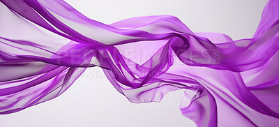 Buy stock photo Fabric, background and purple abstract and flow, material and cloth for creative design with folds in chiffon silk. Textile, wallpaper and wavy for art, synthetic and pattern with delicate texture