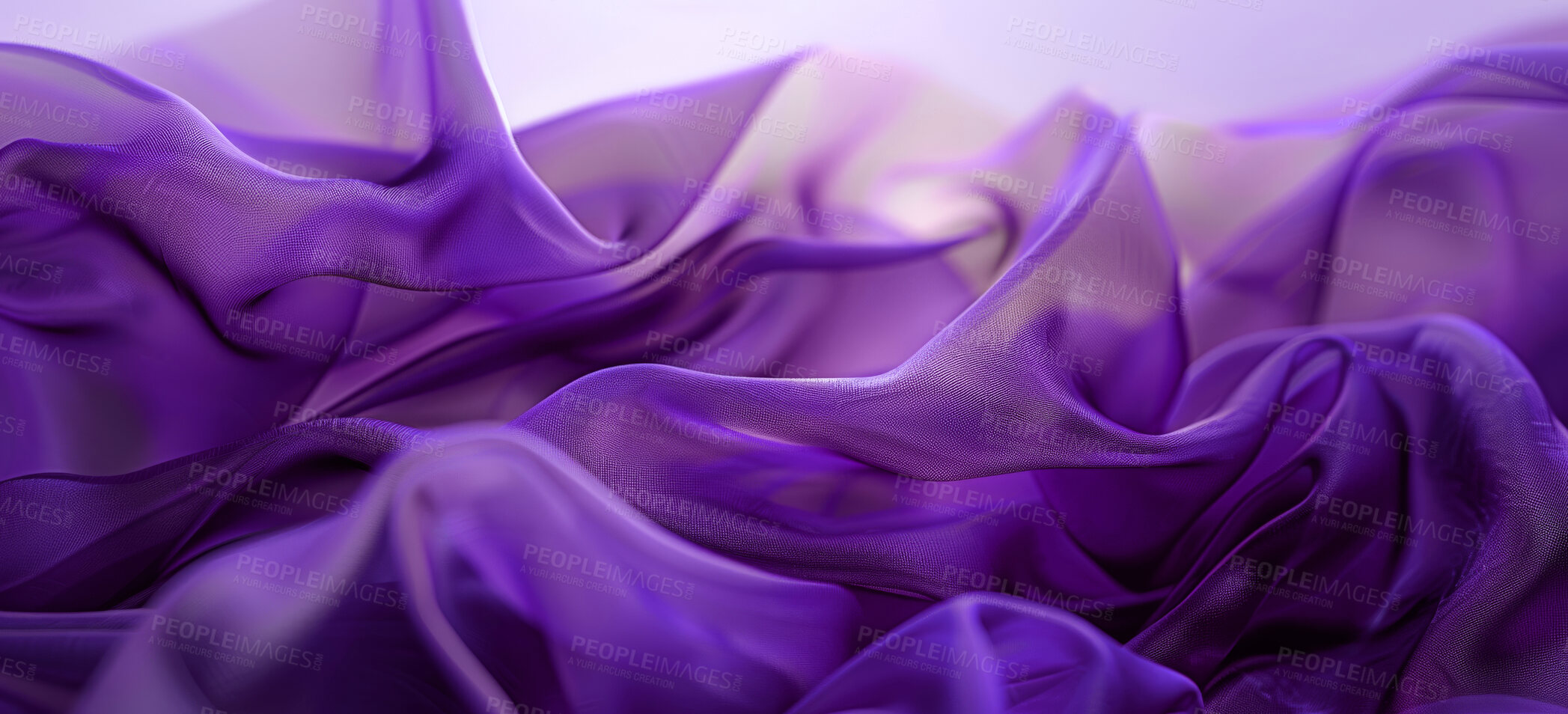 Buy stock photo Fabric, background and purple abstract and wavy, material and cloth for creative design with folds in chiffon silk. Textile, wallpaper or flow for art, synthetic and pattern with delicate texture