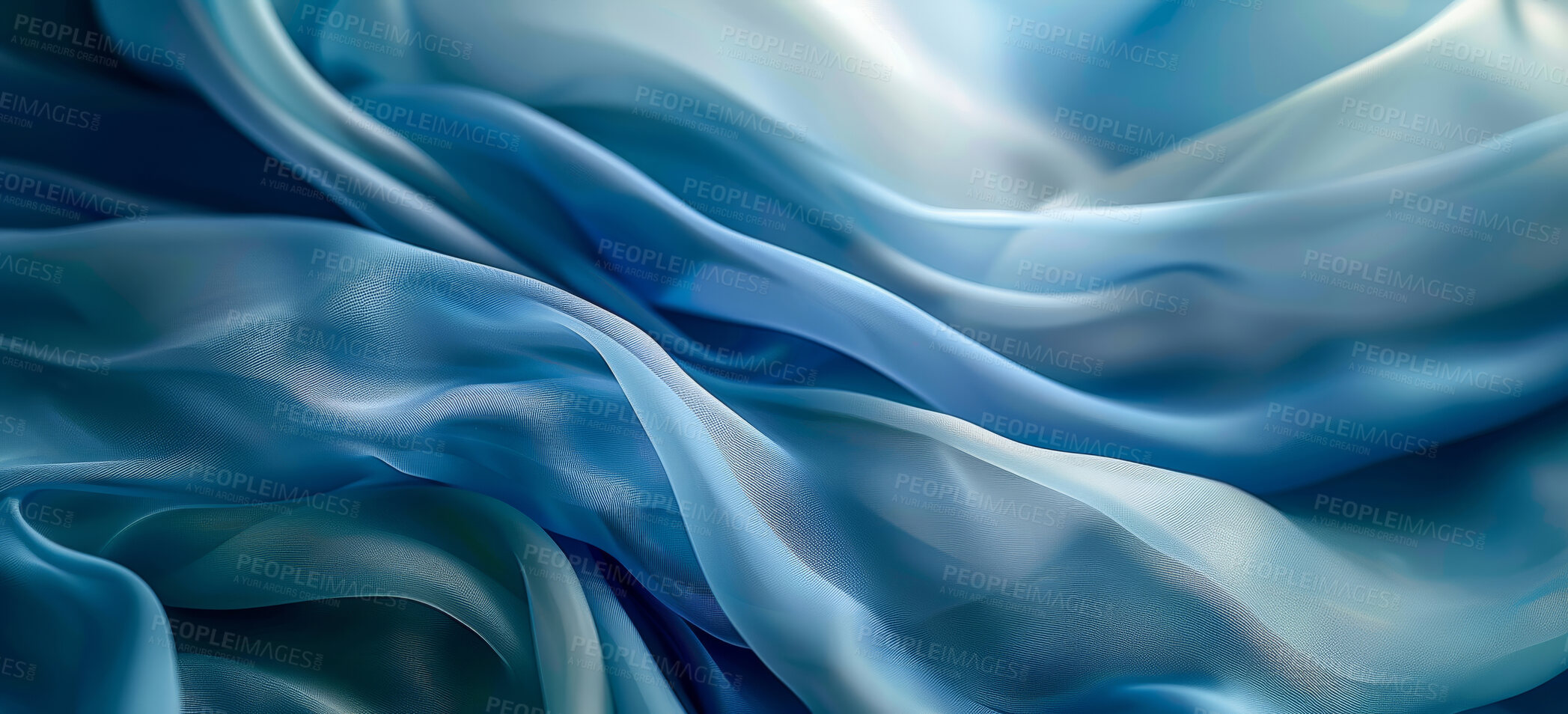 Buy stock photo Fabric, background and blue abstract with flow, material and cloth for creative design with folds in chiffon silk. Blue, wallpaper and flow for art, wavy or pattern for clothing and delicate texture