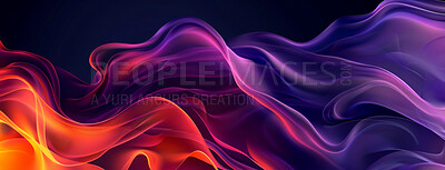 Buy stock photo Neon, wallpaper and abstract pattern or waves on black background for banner, screen saver and network. Purple, color and vaporwave for texture or connection, digital smoke and design for technology.