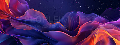 Buy stock photo Neon, design and flow pattern or texture on sparkle background for banner, wallpaper or screen saver. Purple, color and vaporwave for abstract or dashboard, digital hologram and graphic for future.