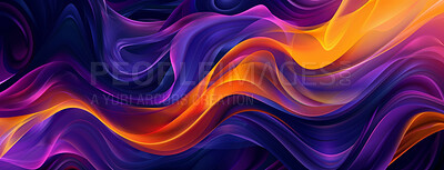 Neon, flow and smoke pattern or waves for banner, wallpaper or screen saver with glow color. Purple, orange and vaporwave for texture or digital connection, graphic and design for technology.