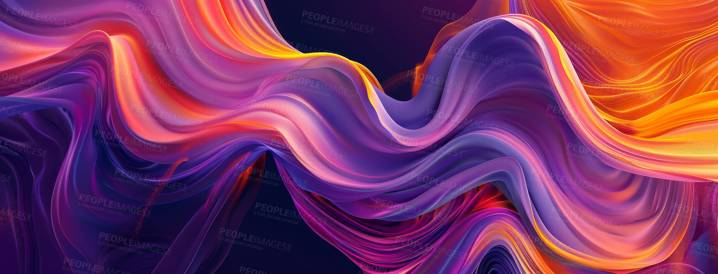 Buy stock photo Neon, light and abstract pattern or waves on black background for banner, wallpaper or screen saver. Purple, blue and vaporwave for texture or connection, digital smoke and design for technology.