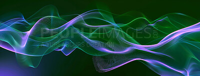 Buy stock photo Sound wave, art background and neon wallpaper with abstract patterns, frequency flow and technology. Colorful design, glowing dots and creative motion with texture, swirl and futuristic connection