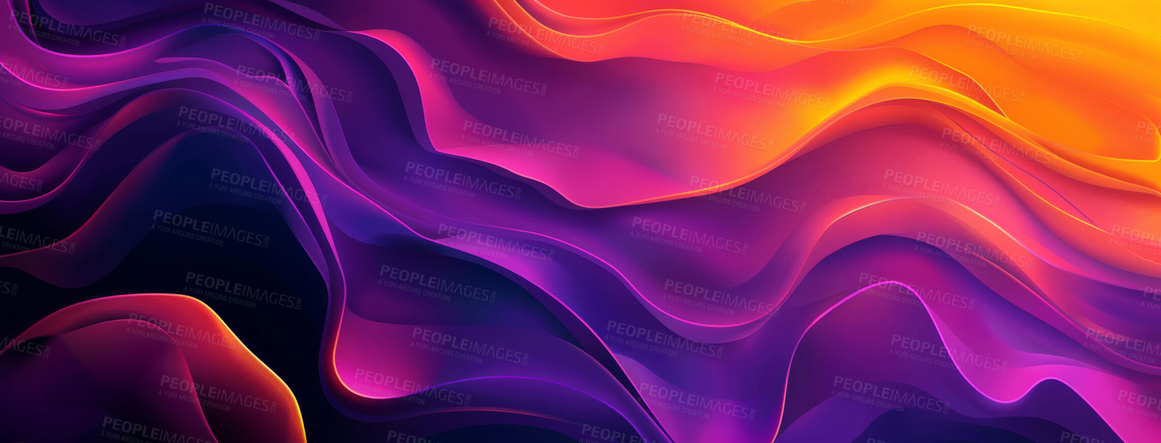 Buy stock photo Wallpaper, abstract and neon of gradient, curve and art of illustration, future and graphic of background. Creative, digital and tech of wave, render and vibration of pattern and lines of flow