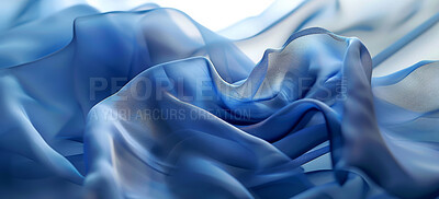 Buy stock photo Abstract, background and flowing blue fabric for texture, wallpaper or wave as artistic and creative design. Banner, color and pattern with material, swirl or textile closeup for fluid backdrop