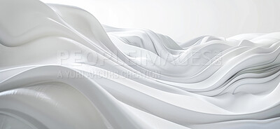 Abstract, wave and background with white for art with pattern with flow cloth for satin fabric. Creative, design and banner for wallpaper with material texture with folds, artistic and elegance