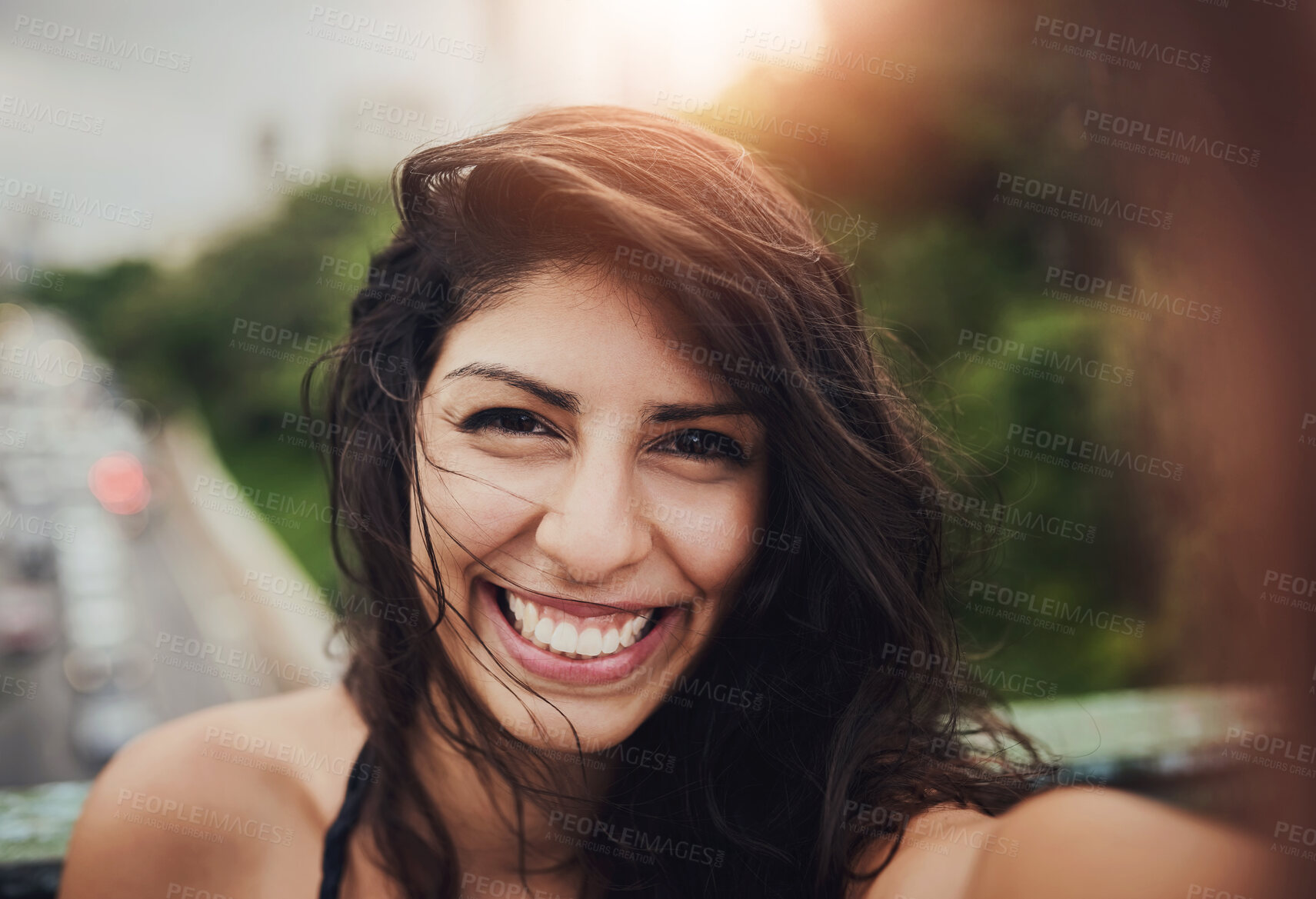 Buy stock photo Selfie, smile and portrait of woman on vacation, adventure or holiday by bridge in city for content creation. Happy, influencer and face of female person with photography picture for travel lifestyle