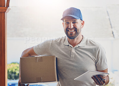 Buy stock photo Happy delivery man, box and portrait with tablet for order, parcel or courier service at front door. Male person smiling with package, carrier or cargo for online purchase, deliver or transport