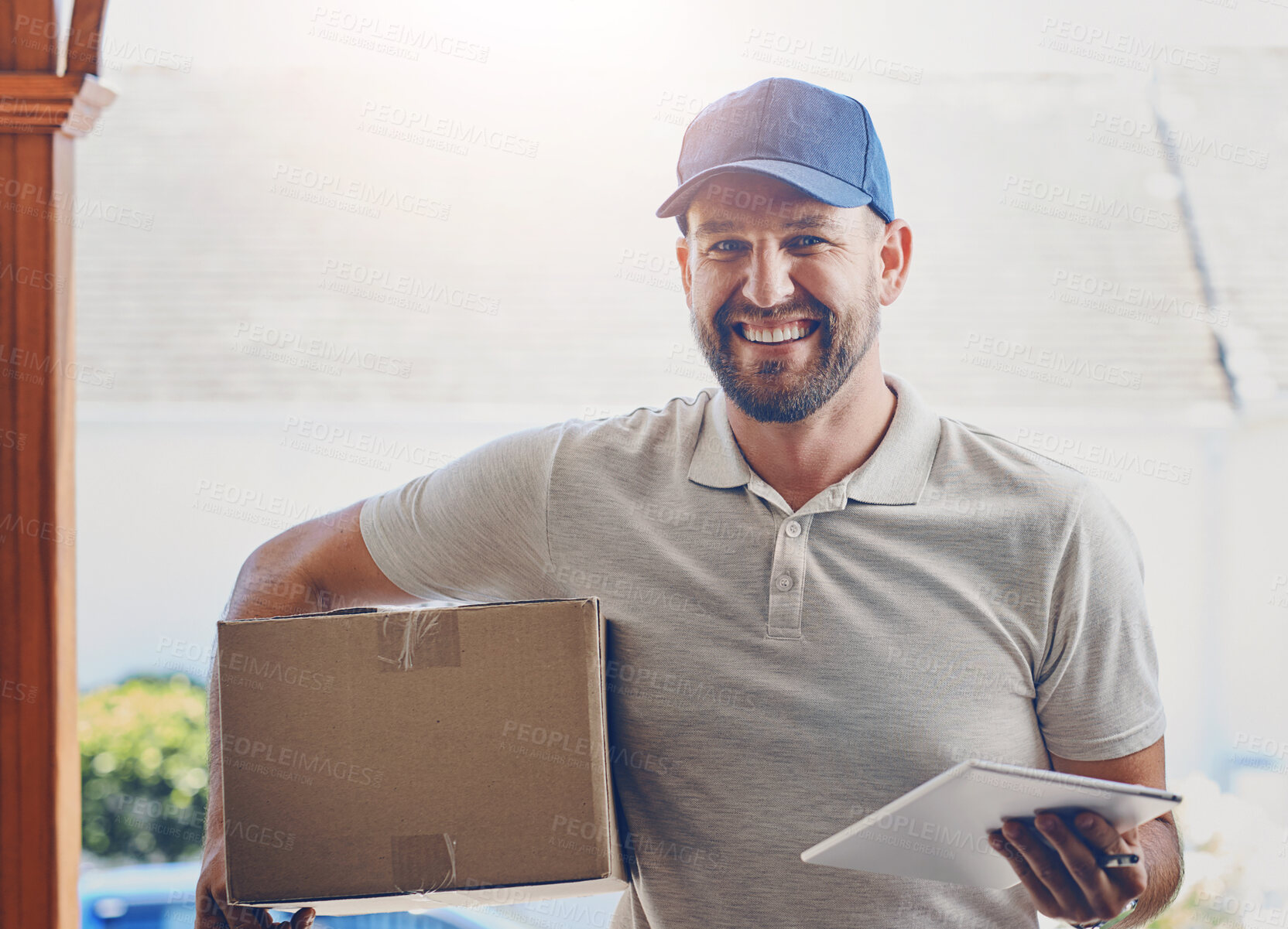 Buy stock photo Happy delivery man, box and portrait with tablet for order, parcel or courier service at front door. Male person smiling with package, carrier or cargo for online purchase, deliver or transport