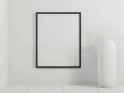 Interior, decor and empty frame in home for creative space, mirror art or designer furniture in apartment. Poster, mockup or blank canvas for luxury room, calm workspace or natural house decoration